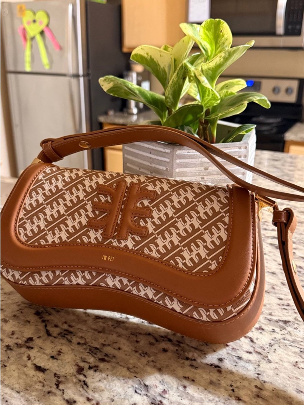 JW PEI Brown Saddle Bag with Monogram Print